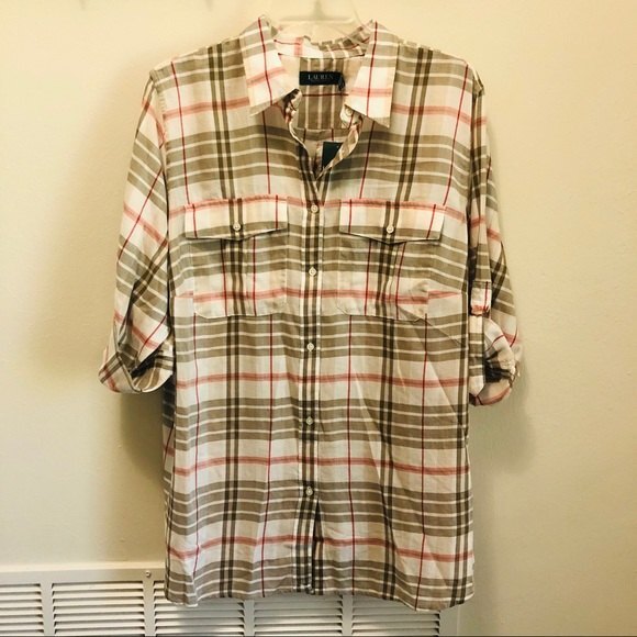 Ralph Lauren NWT Plaid-Print Cotton Button-Up Shirt Women's Size 1X - Picture 2 of 9